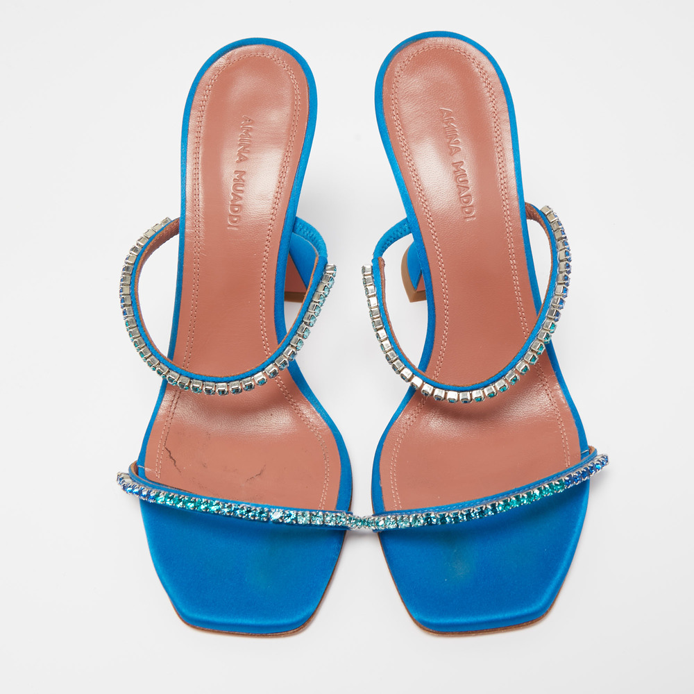 Amina Muaddi Blue Satin Crystal Gilda  Sandals Size 37.5 - Picture 2 of 8